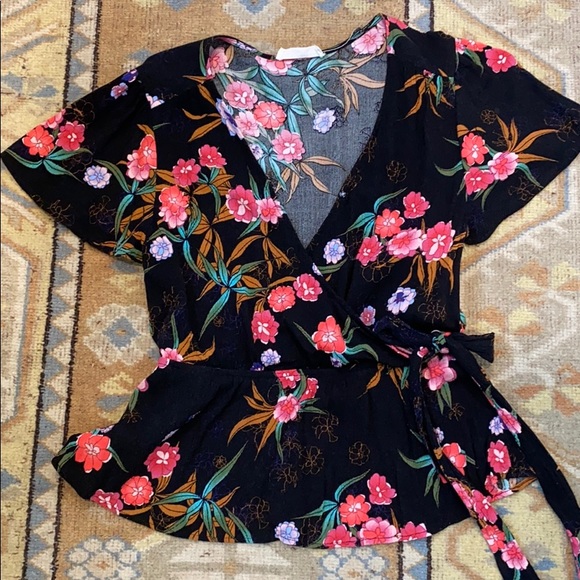 Elodie Tops - Elodie Black Floral Faux Wrap Front Top